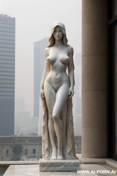 ((real marble of nude statue)), ((beautiful tits)), simple stone art, solid veil, faceless, totally nude, entirely naked, wide shoulders, extremely detailed and pubic hair pussy, (old city), smog and soot in background, - ai-porn.ai on pornintellect.com