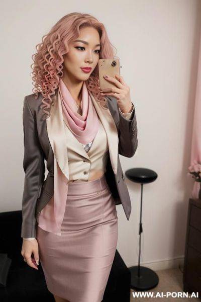 Half-korean and half-japanese, a supermodel and 15cm tall, ((wearing a tailored black-gray blazer, a cream colored faux silk blouse underneath the blazer, a taupe colored pencil skirt, and a pink - ai-porn.ai - Japan - North Korea on pornintellect.com