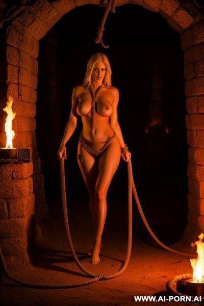 Blonde woman, totally naked, barefoot, in hell, rope bondage, whipped by demon, group of women - ai-porn.ai on pornintellect.com