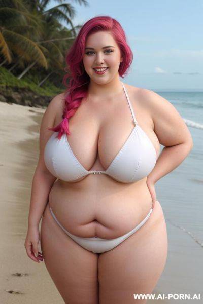 Female, white, obese, beautiful bbw, beautiful face, big breasts, big ass, thick thighs, long legs, bare feet, shaved pussy, oiled body, wet body, full body, full shot, front view, wearing sexy bikini, standing on the beach - ai-porn.ai on pornintellect.com
