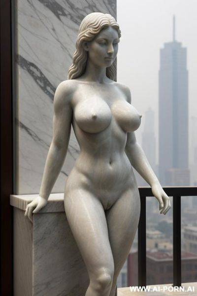 ((real marble of nude statue)), ((beautiful tits)), simple stone art, faceless, totally nude, entirely naked, wide shoulders, ((extremely detailed and pubic hair pussy)), ((cameltoe pussy)), (old city), smog and soot in background, - ai-porn.ai on pornintellect.com