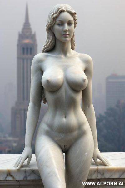 ((real marble of nude statue)), ((beautiful tits)), simple stone art, faceless, totally nude, entirely naked, wide shoulders, extremely detailed and pubic hair pussy, (old city), smog and soot in background, - ai-porn.ai on pornintellect.com