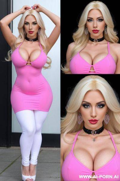 Long blonde wig, pink dress, porn star, slutty, pink lips, big lips, gigantic breasts, bimbo, transgender, plump full lips, high heels, hoop earrings, arched eyebrows, white skin, caucasian, long - ai-porn.ai - Britain on pornintellect.com