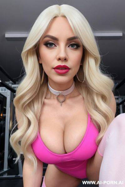 Long blonde wig, pink dress, porn star, slutty, pink lips, big lips, gigantic breasts, bimbo, transgender, plump full lips, high heels, hoop earrings, arched eyebrows, white skin, caucasian, long nails, blue eyes, choker, slutty, gym, leggings, - ai-porn.ai on pornintellect.com