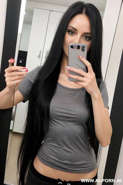 Woman long hair black thong long gray t-shirt selfie photo in the mirror - ai-porn.ai on pornintellect.com