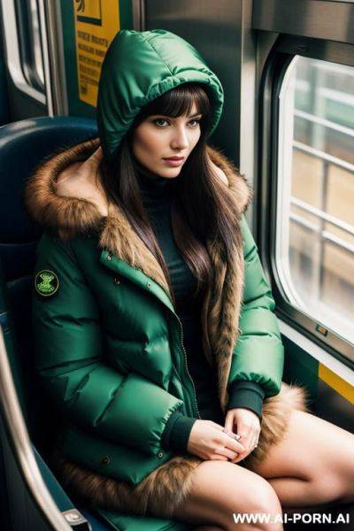 Brunette sitting in train, green puffer jacket with fur hood - ai-porn.ai on pornintellect.com