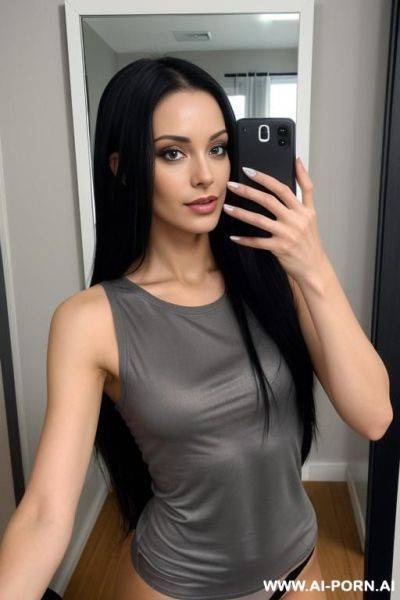 Woman black thong long gray t-shirt selfie photo in the mirror - ai-porn.ai on pornintellect.com