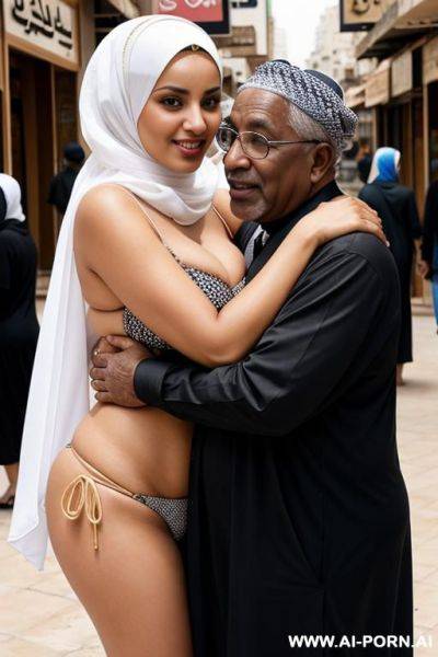 Curvy arabic busty wearing hijab and bikini hugged from black grandpa in crowded street - ai-porn.ai on pornintellect.com