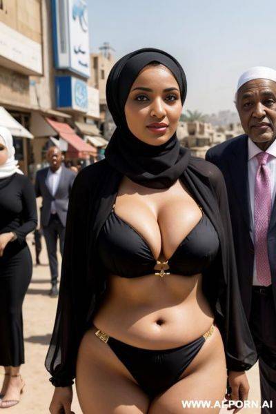 Curvy arabic busty wearing hijab and bikini standing with black grandpa in crowded street - ai-porn.ai on pornintellect.com