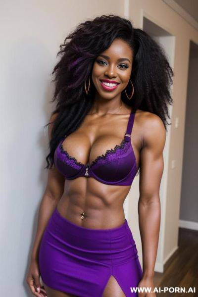 African, long afro hair, fit, abs, strong arms, big ass, navel piercing, purple bra, purple skirt, tall, looking at camera, full body, stiletto - ai-porn.ai on pornintellect.com