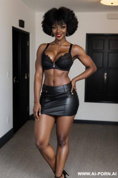 African, short afro hair, bangs, fit, abs, strong arms, big ass, navel piercing, black bra, black skirt, tall, looking at camera, full body, black lipstick, stiletto - ai-porn.ai on pornintellect.com