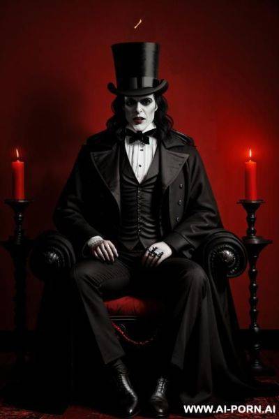 Cinematic-style medium shot of a gothic horror scene with a satanist makeup. a man with a long black coat and a top hat is standing in a dimly lit room. he has red eyes and wears a - ai-porn.ai on pornintellect.com