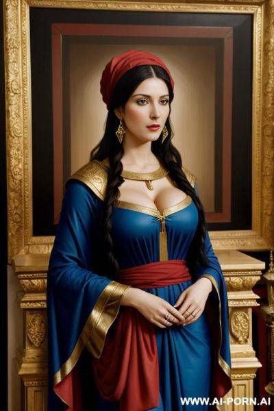 Biblical classical painting, virgin milf, cheap red tunic topped by a blue mantle - ai-porn.ai on pornintellect.com