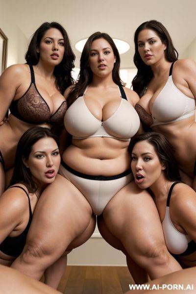 Giant lesbian with huge thighs facesitting woman, sports bra, thong, massive breast, thick thighs, fat ass - ai-porn.ai on pornintellect.com