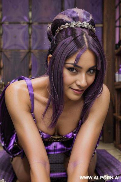 Elaborate flowing purple hair, glamor, bend down, wedding shrine, tanned bride, - ai-porn.ai on pornintellect.com