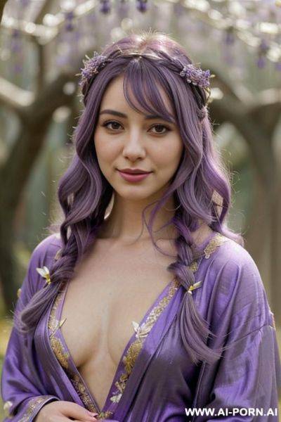 Elaborate flowing purple hair, glamor, bend down, outdoor, - ai-porn.ai on pornintellect.com