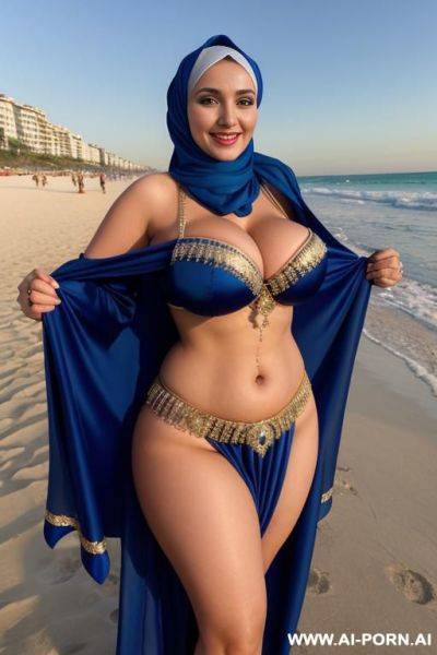 Smiling busty curvy russian milf with huge boobs wearing hijab and belly dancing costume in crowded beach - ai-porn.ai - Russia on pornintellect.com