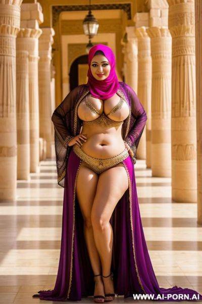 Happy busty curvy russian milf with huge boobs wearing hijab and belly dancing costume exhibition nude standing in egypt palace - ai-porn.ai - Russia on pornintellect.com