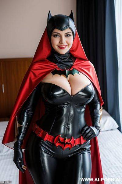 Two smiling busty curvy russian milf with huge boobs wearing hijab and batwoman uniform costume exhibition nude standing bedroom - ai-porn.ai - Russia on pornintellect.com