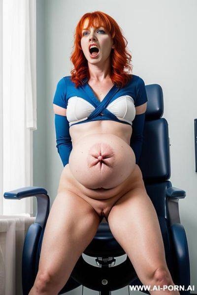 Furious screaming angry pregnant celtic red haired blue eyed fair skinned woman in gynecologist chair with legs in stirrups in hospital with bruises on her belly - ai-porn.ai on pornintellect.com