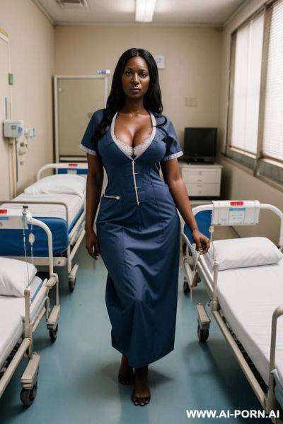 Hostile angry dark skinned african nurse with long dark hair in doctors office at hospital wearing blue hospital gown and a hospital smok - ai-porn.ai on pornintellect.com