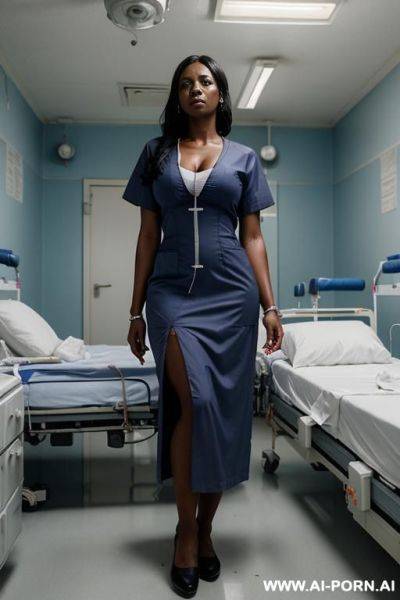 Hostile angry dark skinned african nurse with long dark hair in doctors office at hospital wearing blue hospital gown and a hospital smok holding a suction tool - ai-porn.ai on pornintellect.com