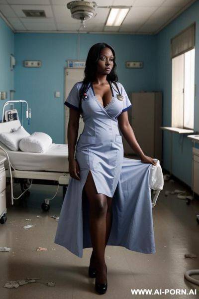 Hostile dark skinned african nurse with long dark hair in doctors office at hospital wearing blue hospital gown and a hospital smok - ai-porn.ai on pornintellect.com
