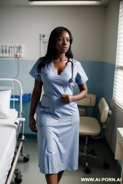 Hostile dark skinned african nurse with long dark hair in doctors office at hospital wearing blue hospital gown and a hospital smock bdsm - ai-porn.ai on pornintellect.com