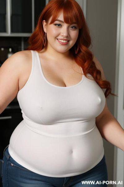 Redhead bbw, chubby and very fat, thick, breasts, dimples, curvy shaped, wide hips, thick thighs, chubby, hair, s, slicked back hair, large forehead, black tank top, bra, areola, jeans, fully clothed, city - ai-porn.ai on pornintellect.com