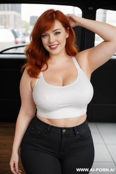 Redhead, , breasts, dimples, pear shaped, wide hips, thick thighs, chubby, hair, s, slicked back hair, large forehead, black tank top, bra, areola, jeans, fully clothed, city - ai-porn.ai on pornintellect.com