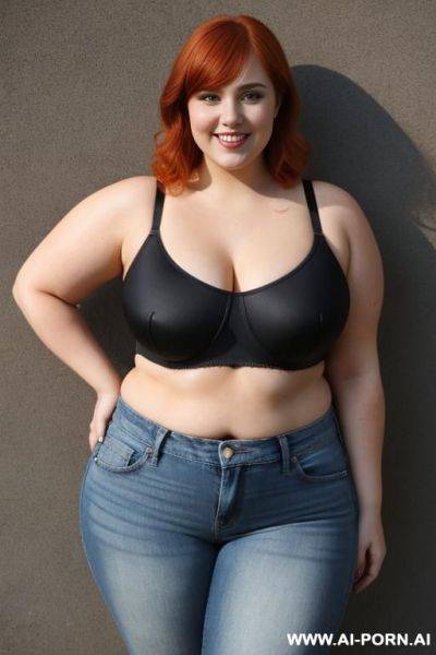 Redhead bbw, chubby and fat , breasts, dimples, pear shaped, wide hips, thick thighs, chubby, hair, s, slicked back hair, large forehead, black tank top, bra, areola, jeans, fully clothed, city - ai-porn.ai on pornintellect.com