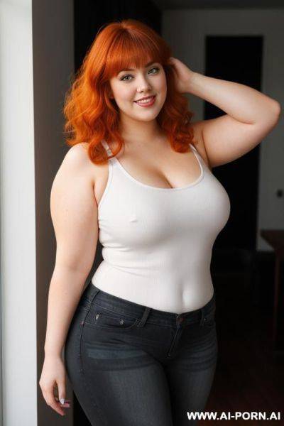 Redhead bbw, chubby and fat , thick, breasts, dimples, pear shaped, wide hips, thick thighs, chubby, hair, s, slicked back hair, large forehead, black tank top, bra, areola, jeans, fully clothed, city - ai-porn.ai on pornintellect.com