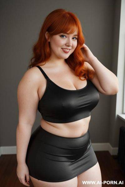 Full body photo shot. redhead bbw, chubby and very fat, thick, breasts, dimples, voluptuous shaped, wide hips, thick thighs, chubby, hair, s, slicked back hair, large forehead, black tank top, bra, areola, ruffle microskirt, fully clothed, city - ai-porn.ai on pornintellect.com