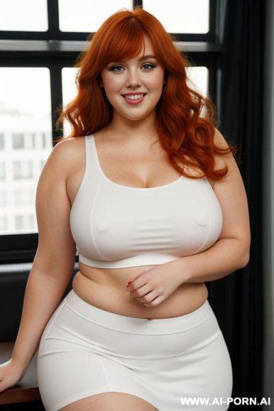 Redhead bbw, chubby and very fat, thick, breasts, dimples, curvy shaped, wide hips, thick thighs, chubby, hair, s, slicked back hair, large forehead, black tank top, bra, areola, ruffle microskirt, fully clothed, city - ai-porn.ai on pornintellect.com