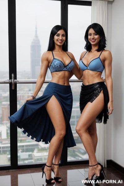 Indians, fit, abs, muscles, navel piercing, blue bra, blue frilly skirt, looking at camera, tall, full body, 2 women next to each other, stiletto, view from top, blue heels, open mouth - ai-porn.ai - India on pornintellect.com