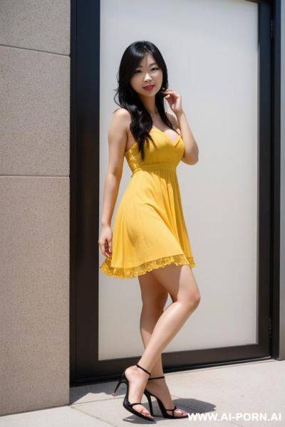 Photo of an asian woman, ((detailed face)), wearing a sundress, wearing high heels, posing outside - ai-porn.ai on pornintellect.com