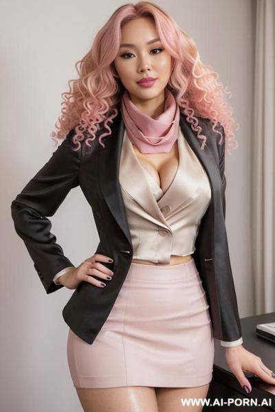 Half-korean and half-japanese, a supermodel and 15cm tall, ((wearing a tailored black-gray blazer, a cream colored faux silk blouse underneath the blazer, a short, taupe colored pencil skirt, a - ai-porn.ai - Japan - North Korea on pornintellect.com