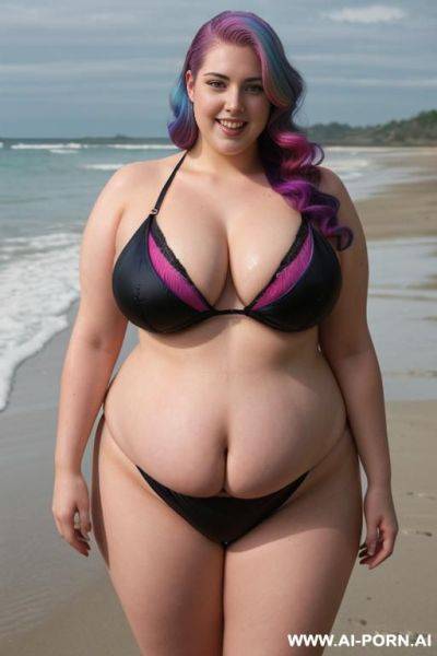 Female, white, obese, beautiful bbw, beautiful face, big breasts, big ass, thick thighs, long legs, bare feet, shaved pussy, oiled body, wet body, full body, full shot, front view, wearing sexy bikini, standing on the beach - ai-porn.ai on pornintellect.com