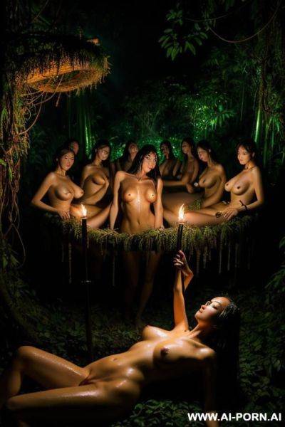Several nude women, in a jungle clearing, lying on a pedestal, night, wet, torchlight, dramatic lighting, circle of torches, covered in vines, - ai-porn.ai on pornintellect.com