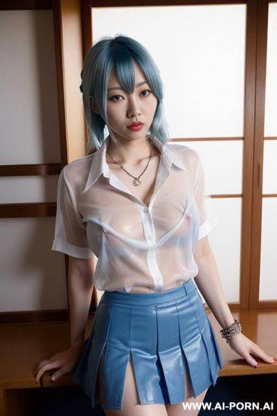 ((scared japan woman), ((see-through white class shirt)), ((no bra)), ((raised skirt)), ((no panties)), ((blue hair)), ((looking at the camera)), ((eyes contact)), full body view, (pussy visible), (hairy - ai-porn.ai - Japan on pornintellect.com