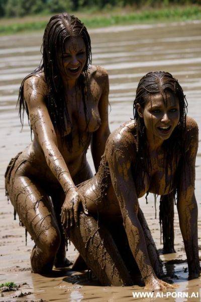 Totally naked, barefoot, mud fighter, two women - ai-porn.ai on pornintellect.com