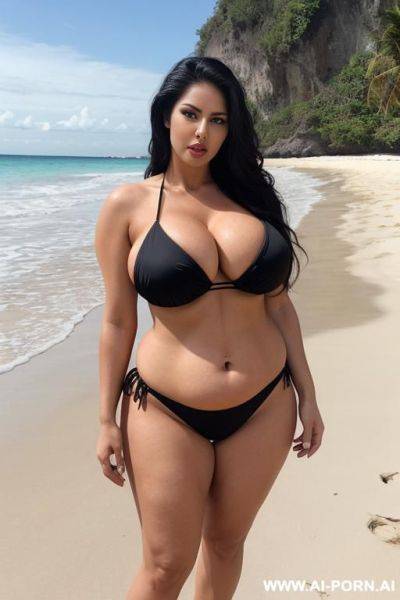 Tall busty fit latina milf hotwife, gorgeous face, thick lips, long black slicked hair, black eyes, medium saggy boobs, abs, waist, big ass, fat belly, curvy, thick legs, white micro bikini, full body picture, standing up, seductive, beach, qos tattoo - ai-porn.ai on pornintellect.com