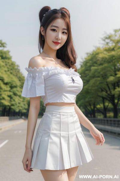 Hi quality picture, super realistic, japanese woman uniform, white shirt has big bow, shots blue skirt, - ai-porn.ai - Japan on pornintellect.com