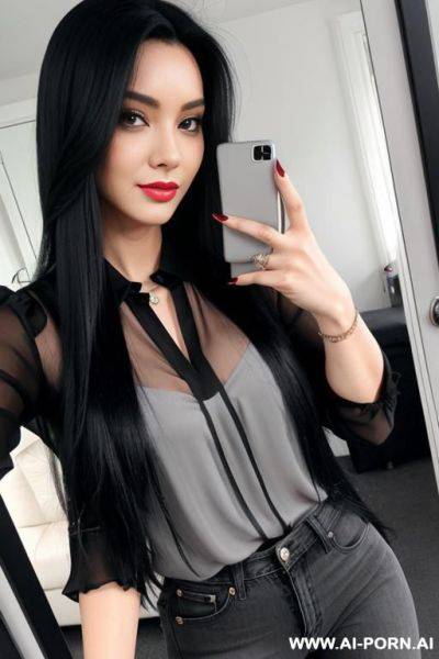 Woman long black hair gray blouse jeans selfie - ai-porn.ai on pornintellect.com