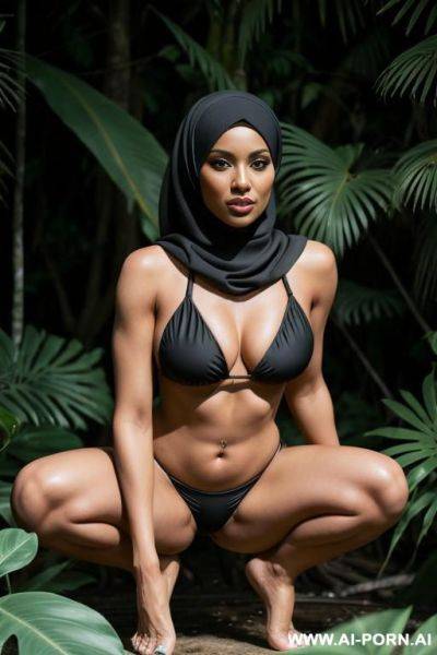 A woman with a black hijab, sexy in a black bikini swimsuit, doing squat poses, and leg separates in the tropical jungle setting - ai-porn.ai on pornintellect.com