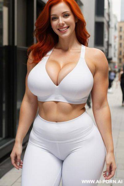 Redhead, tight clothes, (white sports bra), (white g-string), smiling, city street, thick body, beautiful, huge tits, gigantic breasts, muscular body - ai-porn.ai on pornintellect.com