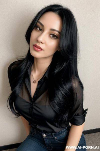 Woman long black hair orange blouse jeans selfie - ai-porn.ai on pornintellect.com