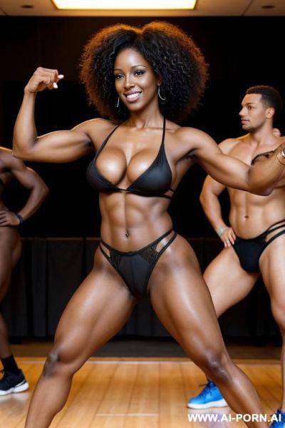 Black african woman, athletic body, breasts, firm ass, black curly hair, naked, zumba instructor, performs a choreography with a group of muscular men with their dicks in sight - ai-porn.ai on pornintellect.com