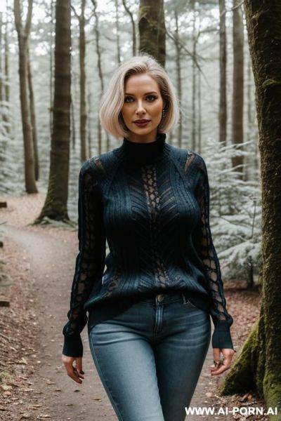 Frau im wald, pullover und jeans, kuzes hellgraues haar, lachend, portrait, - ai-porn.ai on pornintellect.com