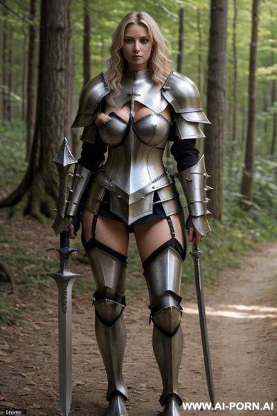 Rior woman, steel armor with spikes, sword with a large handle and a massive large blade - ai-porn.ai on pornintellect.com